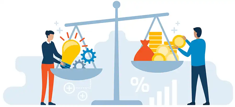 Woman putting her creative ideas on a dish of a scale and investor adding cash money on the other dish: selling ideas, patents and investments concept