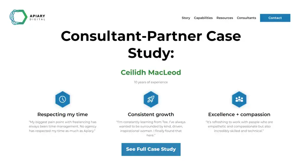 Screenshot of the page of Apiary's website that shows the Case Study for the consultant Ceilidh MacLeod