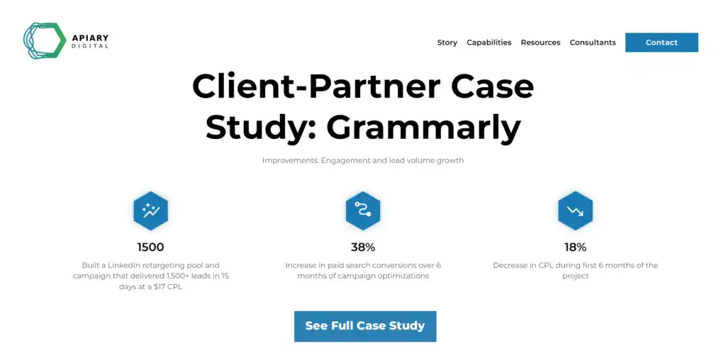 Screenshot of the page of Apiary's website that shows the Case Study for the client Grammarly