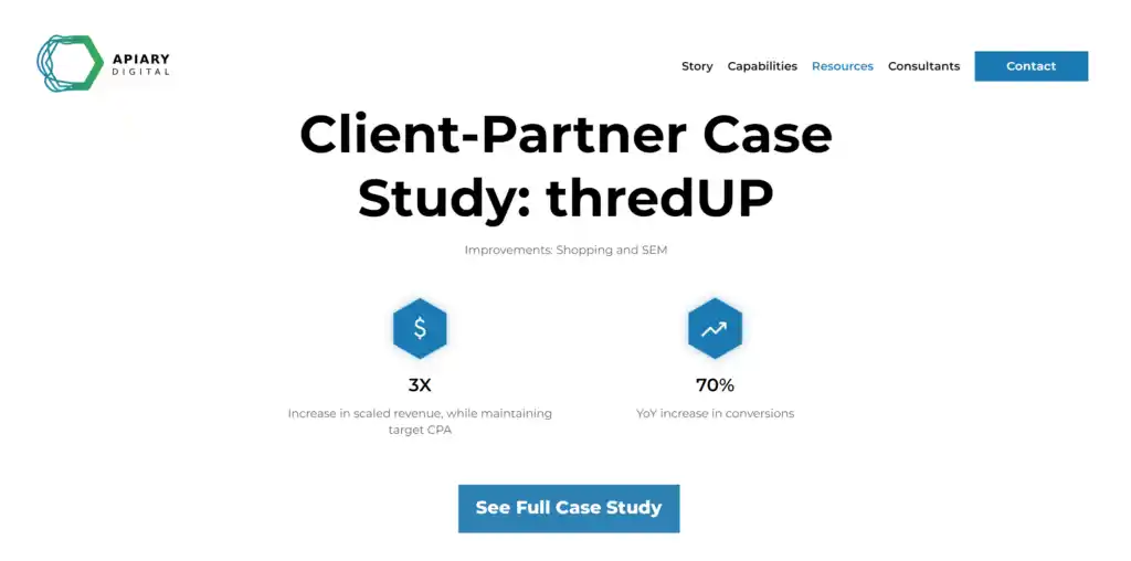 Screenshot of the page of Apiary's website that shows the Case Study for the client thredUP