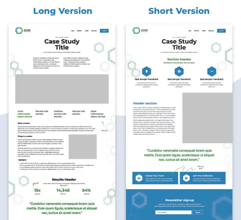 Screenshot of the page templates of Apiary's website for Case Studies